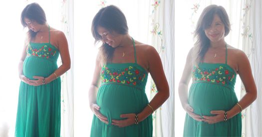רוני קנטור בהריון לובשת שמלה ירוקה