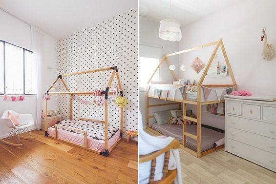 מיטות עץ נמוכות עם גג בחדר ילדים